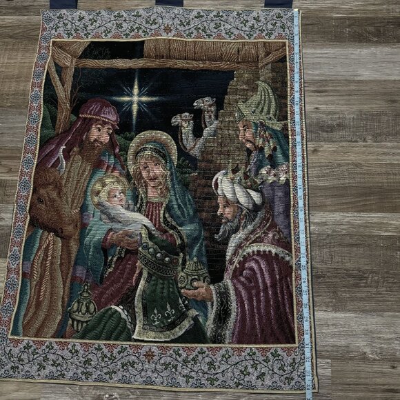 Vintage Nativity Scene Tapestry Wall Hanging With Rod Jesus Mary Wise Men 34x25" - Picture 7 of 8